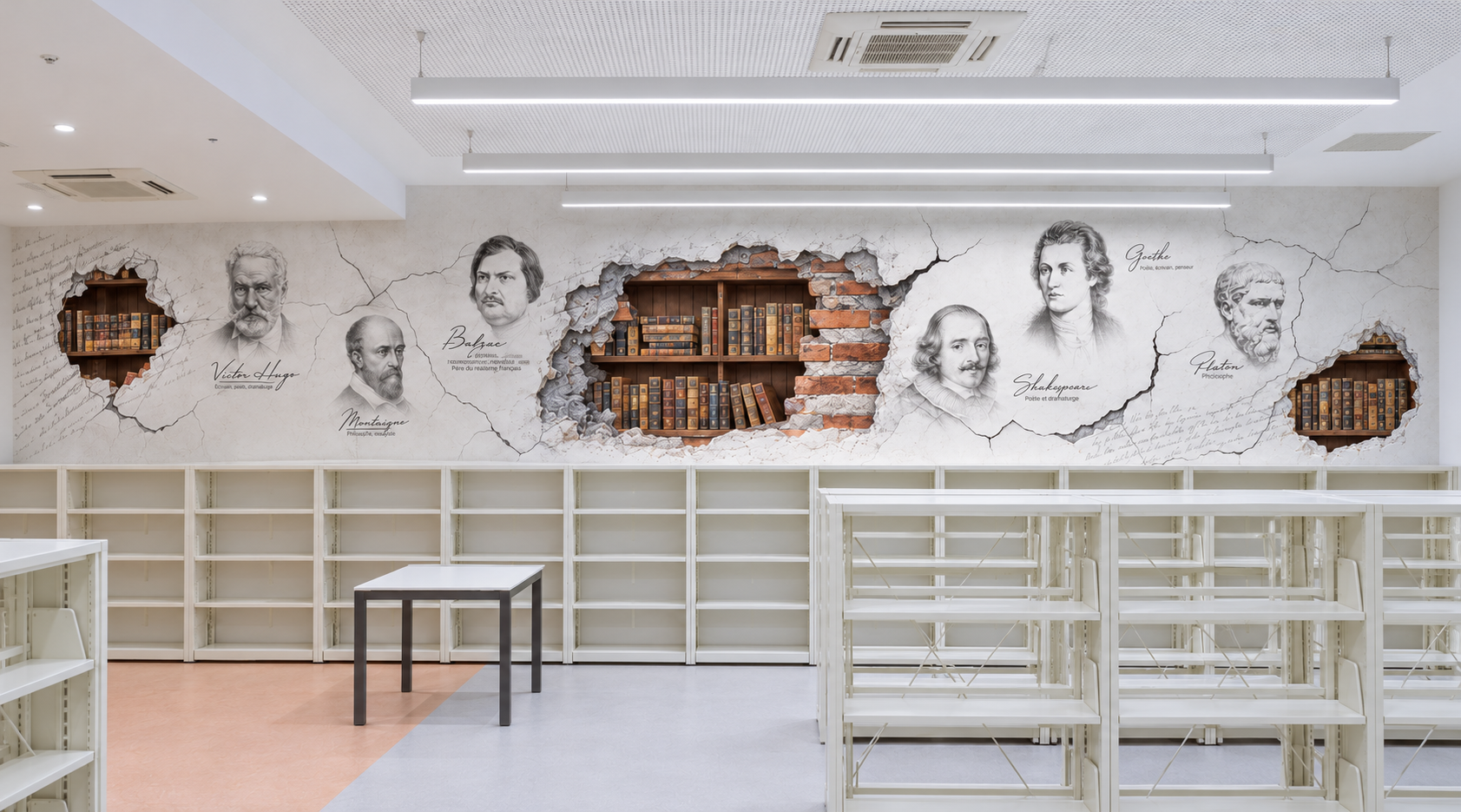 TED Atakent kütüphanesinde Victor Hugo, Montaigne, Balzac, Shakespeare, Goethe ve Platon portreleriyle yazarlar ve düşünürler duvarı